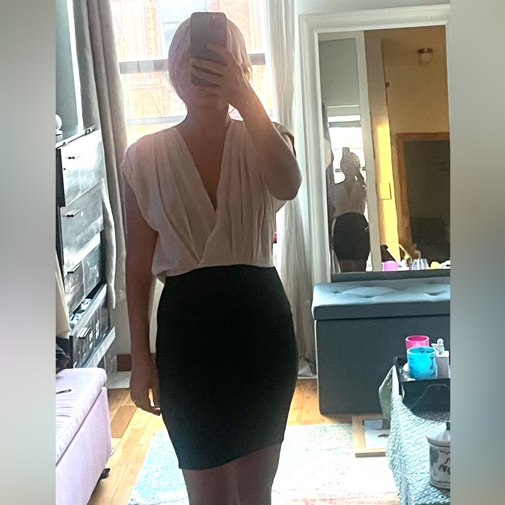 Maje Cream Wrap-Style Mini Dress with Black Skirt
